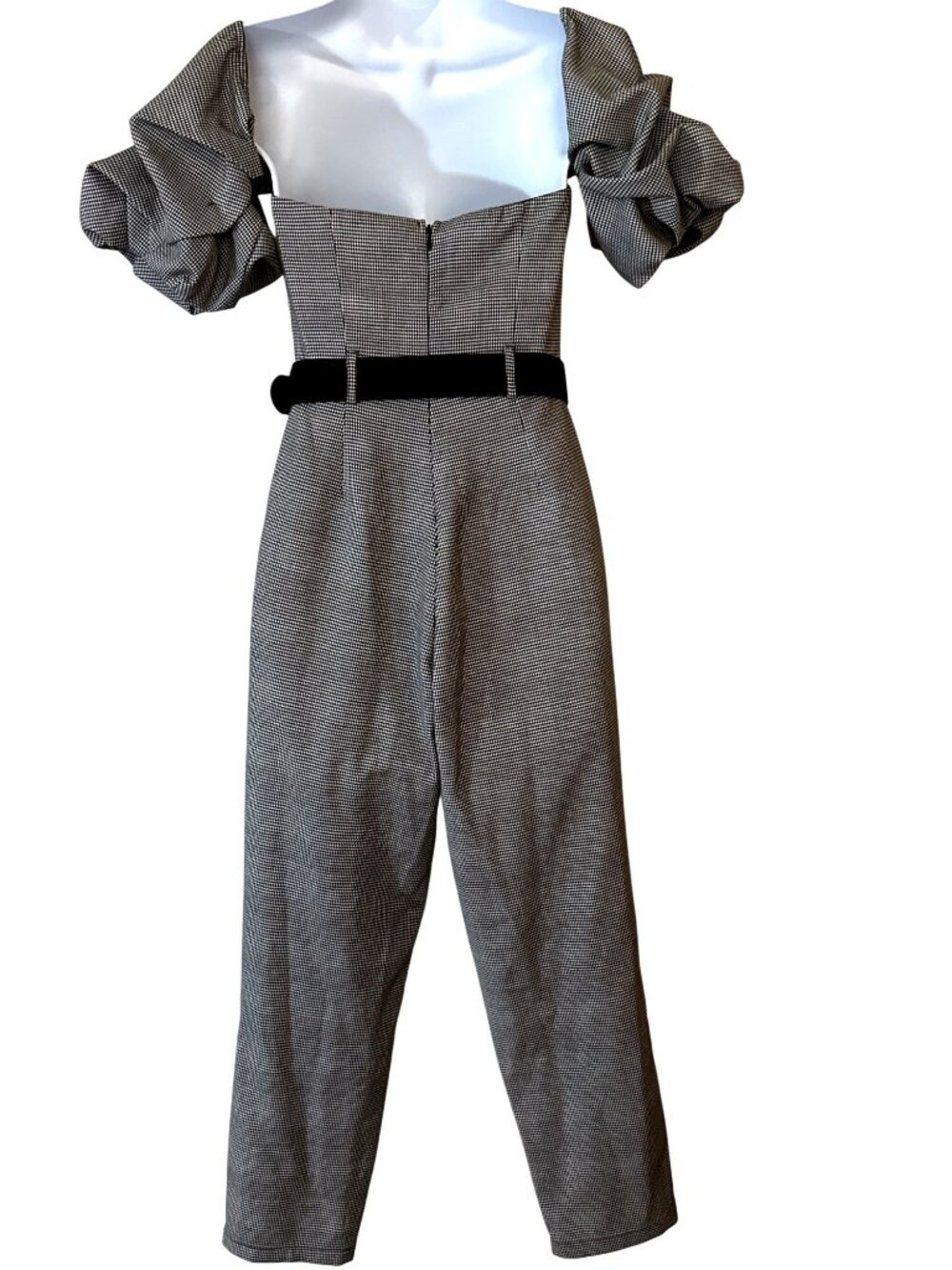 Houndstooth Off-Shoulder Jumpsuit XS Puff Sleeve Sweetheart Milkmaid Slim Fit - Picture 2 of 13